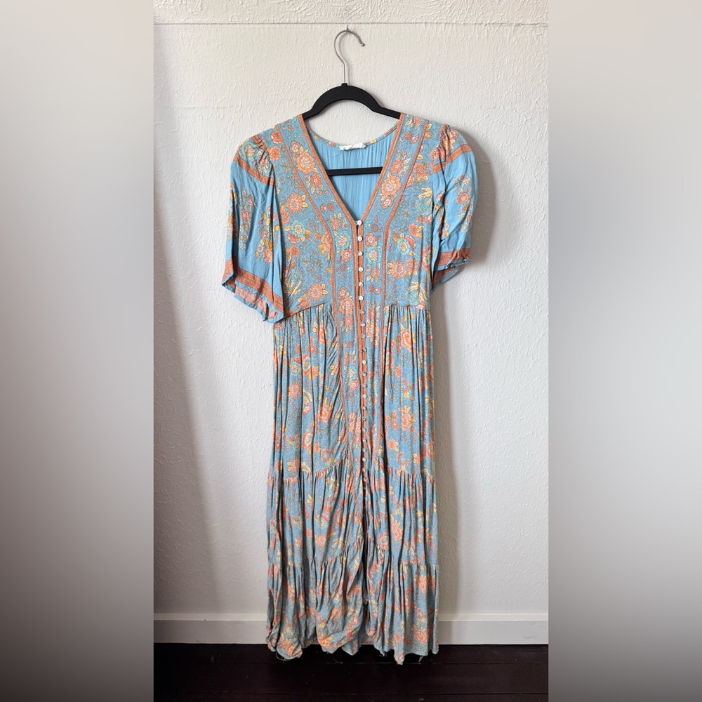 In Bloom Blue Floral Maxi Dress with Orange Accents